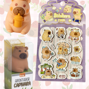 Kit Capivara - 1 borracha + 1 apontador + 1 cartela adesivos 3D - Kit Azulilás