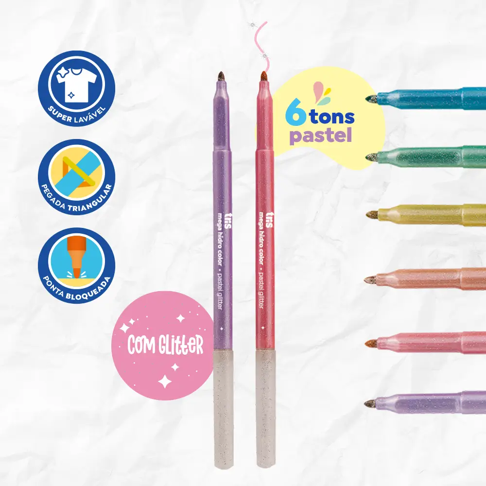Hidrocor Ponta Fina Mega Hidro Color - Tons Pastel Glitter - 6 Cores - Tris
