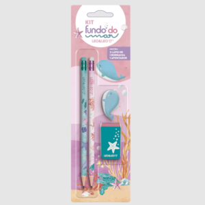 Kit escolar Fundo do Mar - 2 Lápis + Apontador + Borracha - Leo&Leo
