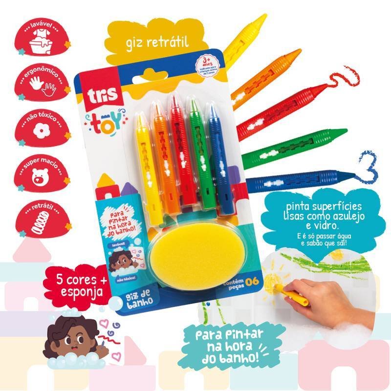 Giz de Banho Toy - 5 Cores + 1 Esponja - Tris - Imagem 3